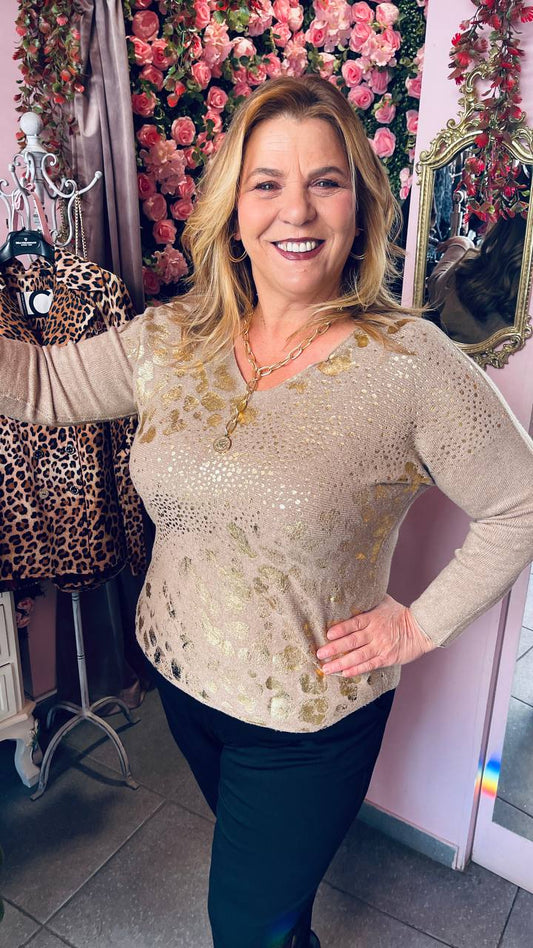 Μπλούζα πλεκτή με χρυσά νερά εκρου-2