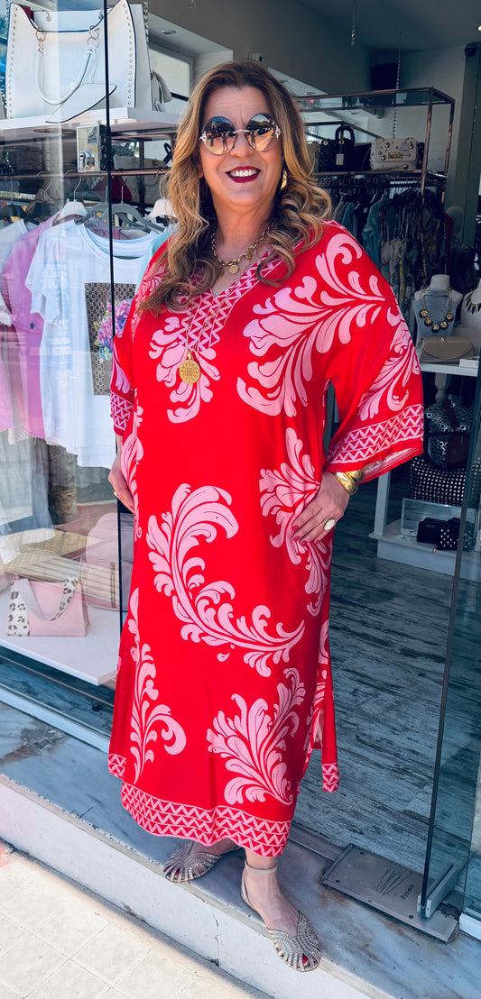 Maxi Καφτάνι Satin Look με V Λαιμόκοψη Κόκκινο-1