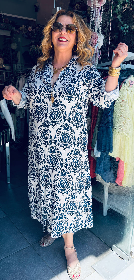 Μάξι Φόρεμα Σεμιζιέ με Εντυπωσιακό Σχέδιο Plus Size Μπλέ-1