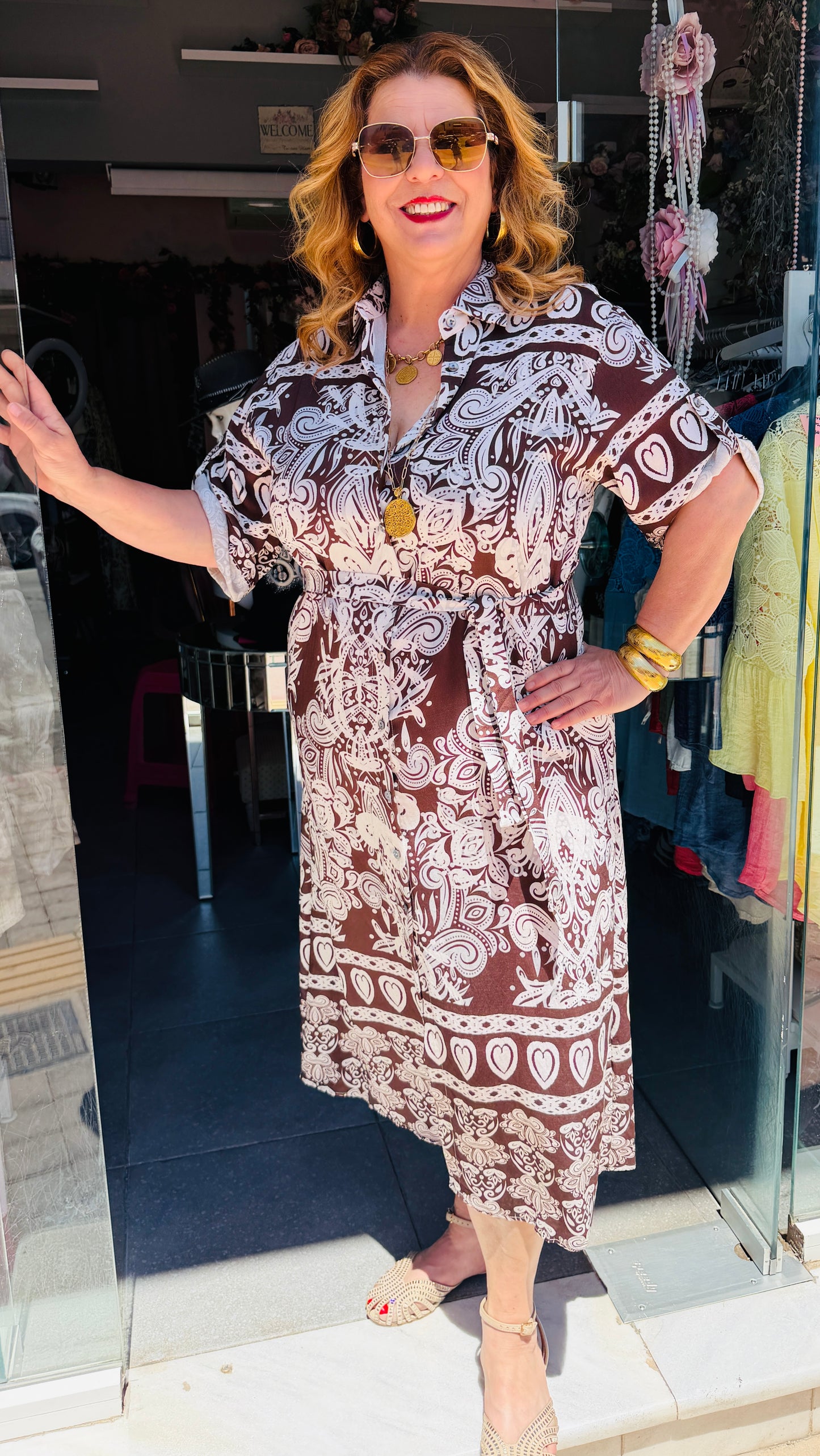 Μάξι Φόρεμα Σεμιζιέ με Boho Σχέδιο & Ζωνάκι Plus Size Καφέ-2