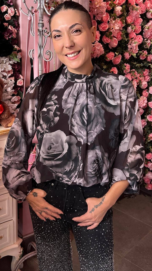 Μπλούζα γκρι-μαύρο με τριαντάφυλλα -1