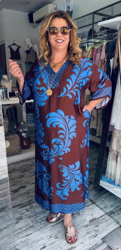 Maxi Καφτάνι Satin Look με V Λαιμόκοψη Μπλε με Σοκολα και Λουλακι χρομα - 4