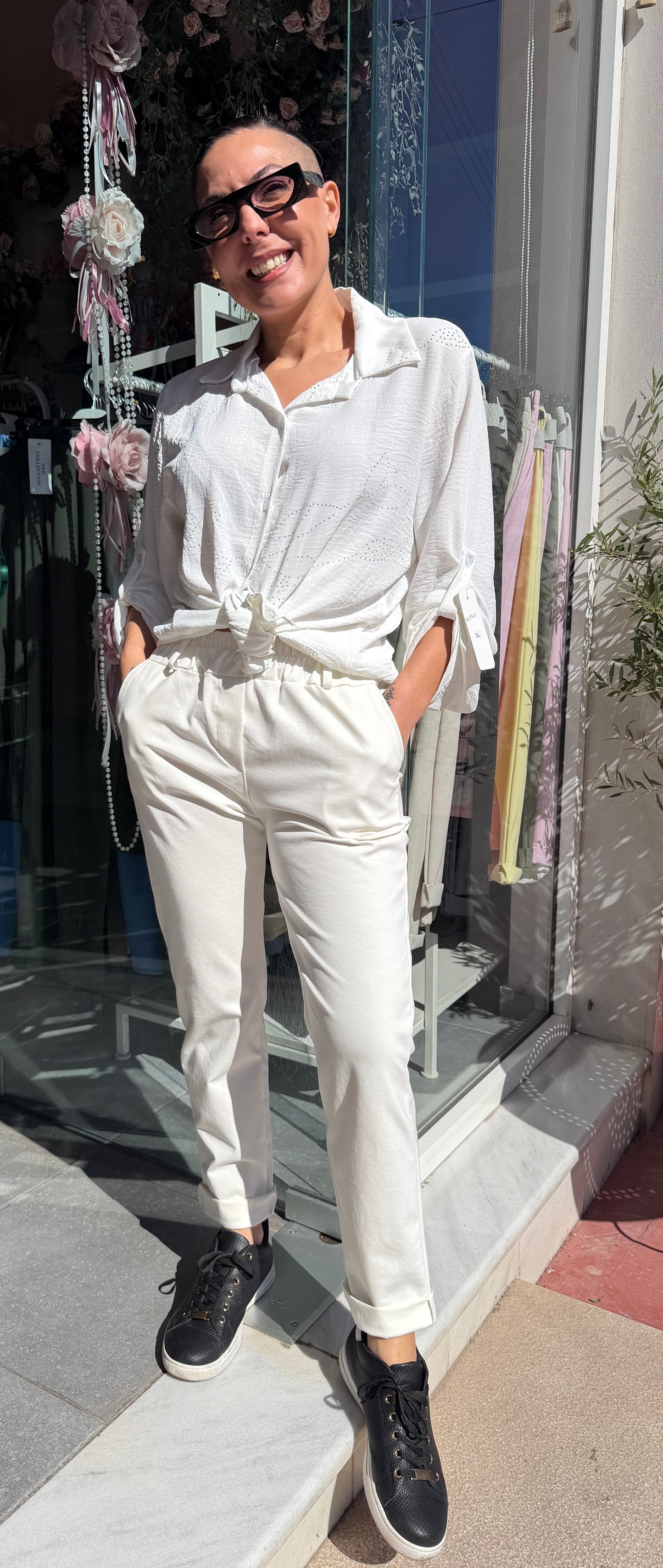 Παντελόνι εκρου ψιλομεσο με δικη του πλεκτη ζώνη -2