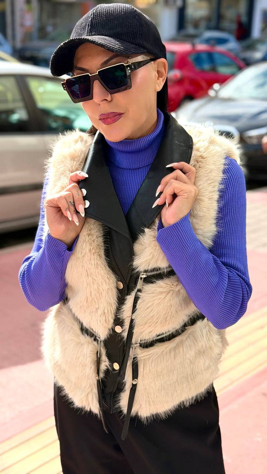 Ιδιαίτερο γιλέκο με δερμάτινη και γούνα μπεζ