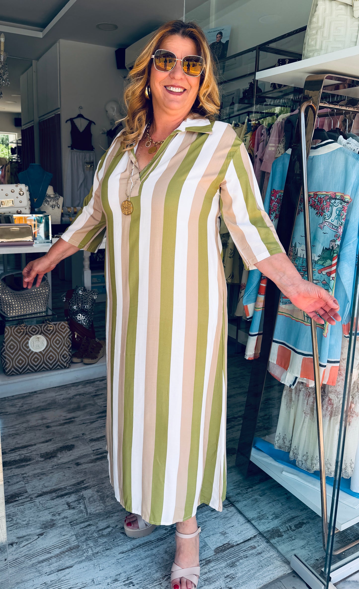 Ριγέ Καφτάνι 100% Viscose με V Ντεκολτέ