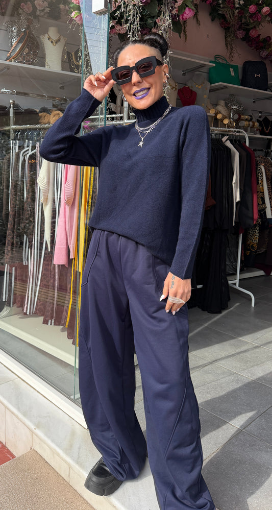 Υπέροχο πλεκτό πουλόβερ ζιβάγκο με ριπ στον λαιμό Μπλε σκούρο-5