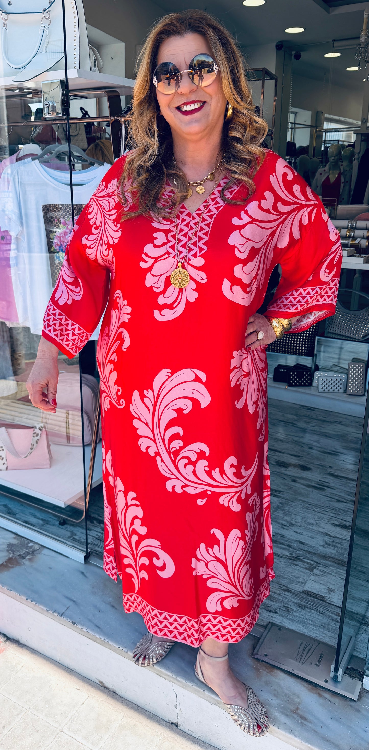 Maxi Καφτάνι Satin Look με V Λαιμόκοψη Κόκκινο-1