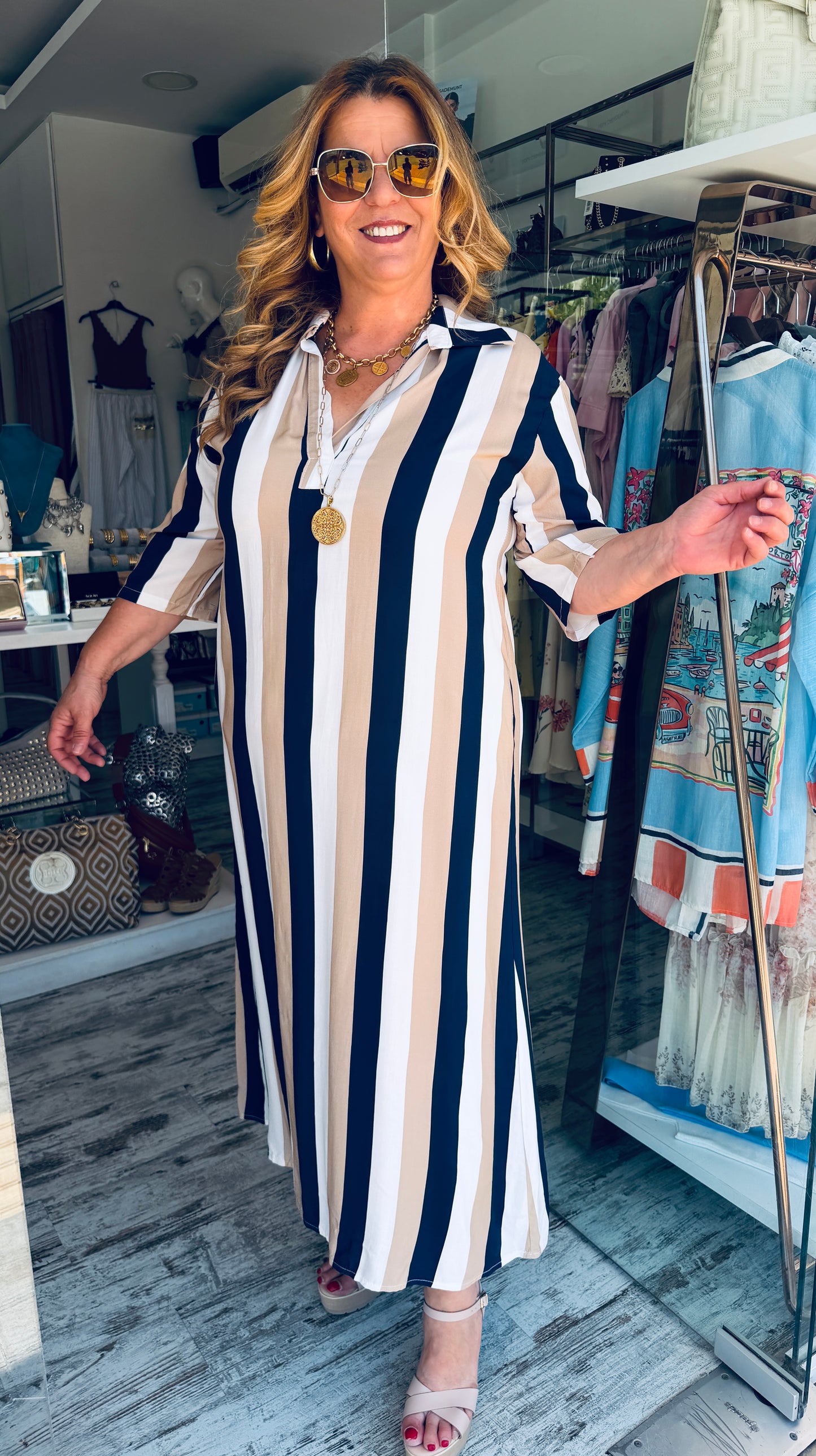 Ριγέ Καφτάνι 100% Viscose με V Ντεκολτέ