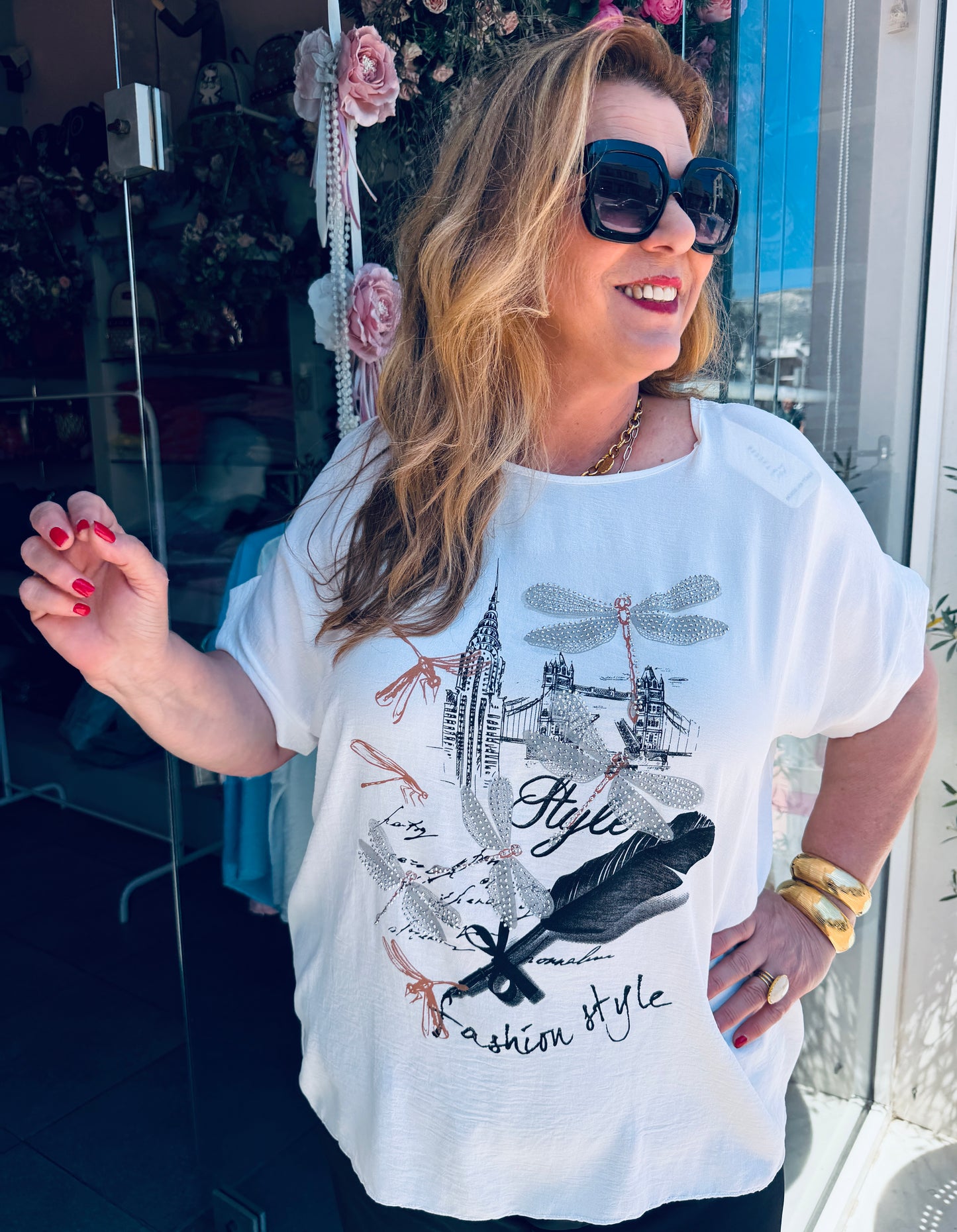 Λευκή Oversized Μπλούζα Fashion Style με Στρας & Σχέδιο Dragonfly-1