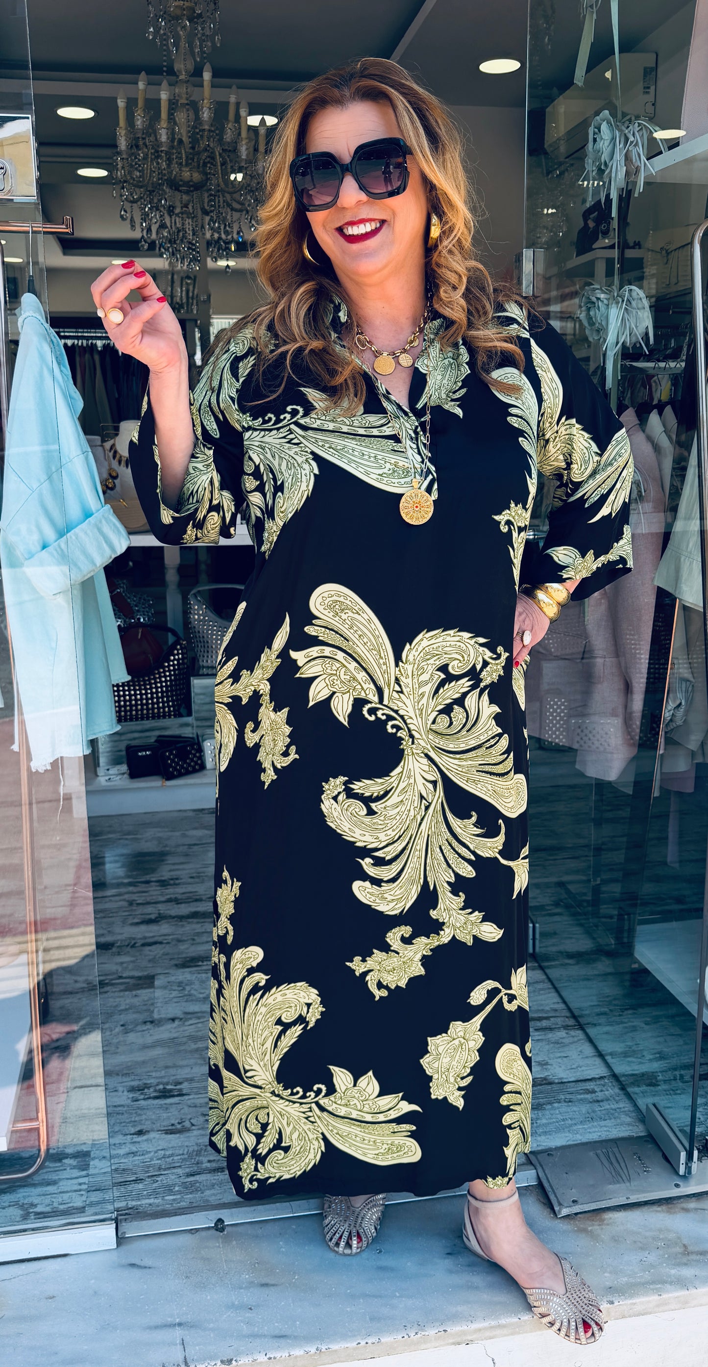 Maxi Καφτάνι Satin Look με Σχέδια “ΛΑΧΟΥΡΙΑ” Μαύρο με πράσινο-3
