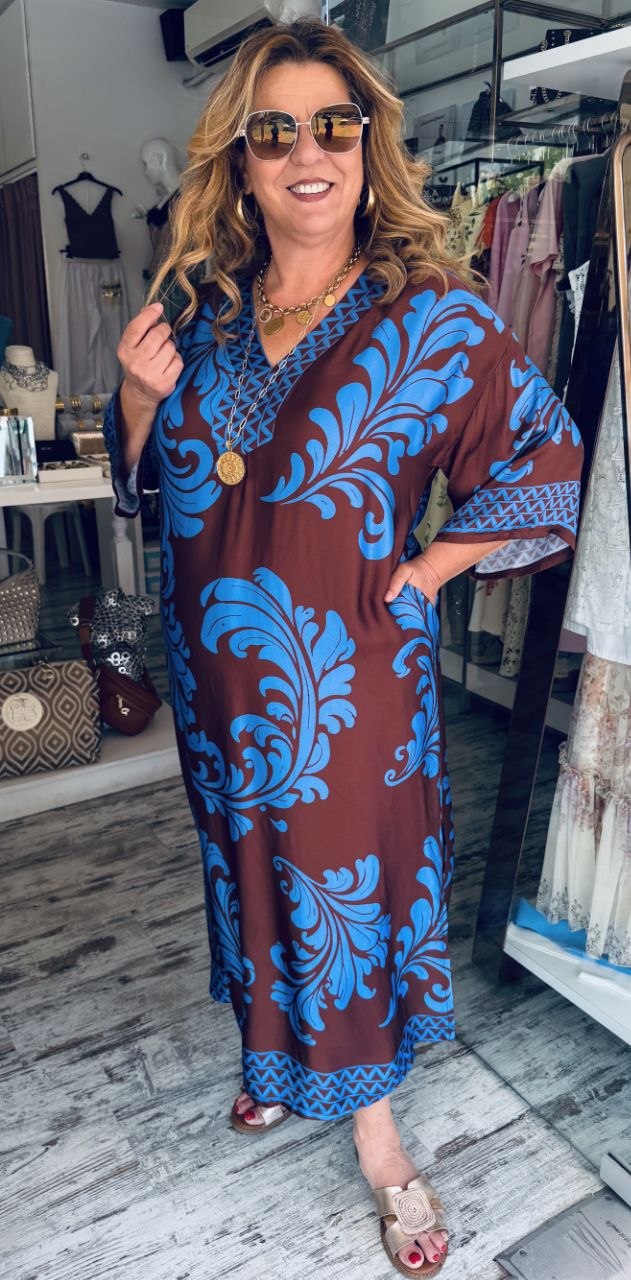 Maxi Καφτάνι Satin Look με V Λαιμόκοψη Μπλε με Σοκολα και Λουλακι χρομα - 4