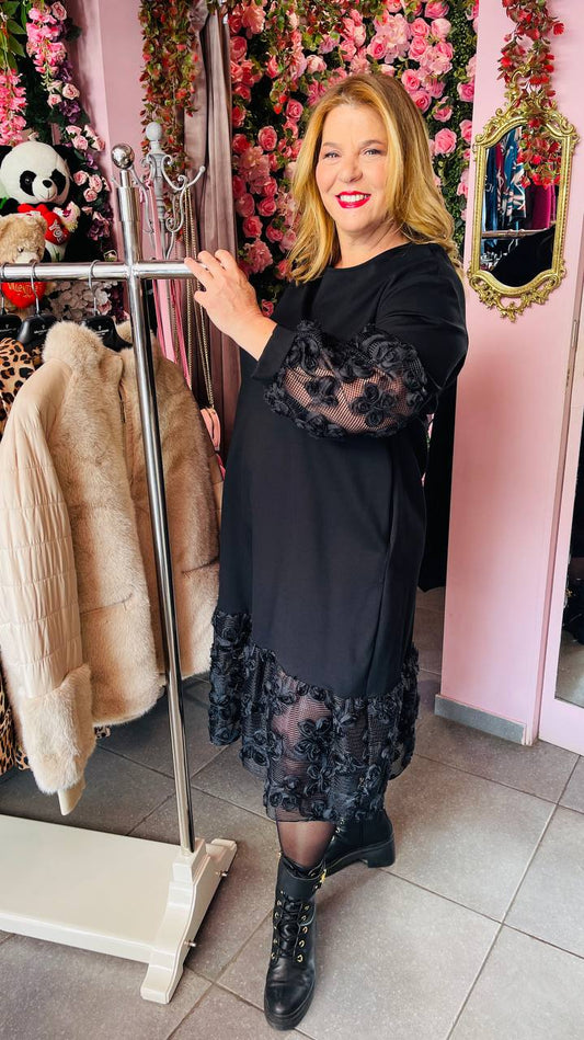 Φόρεμα με δαντέλα στα μανίκια και στο τελείωμα μαύρο-1