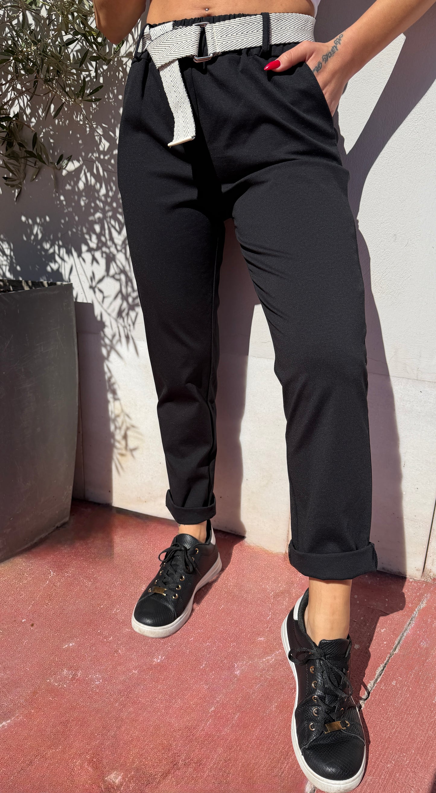 Παντελόνι μαύρο ψηλομεσο με δικη του πλεκτη ζώνη -7