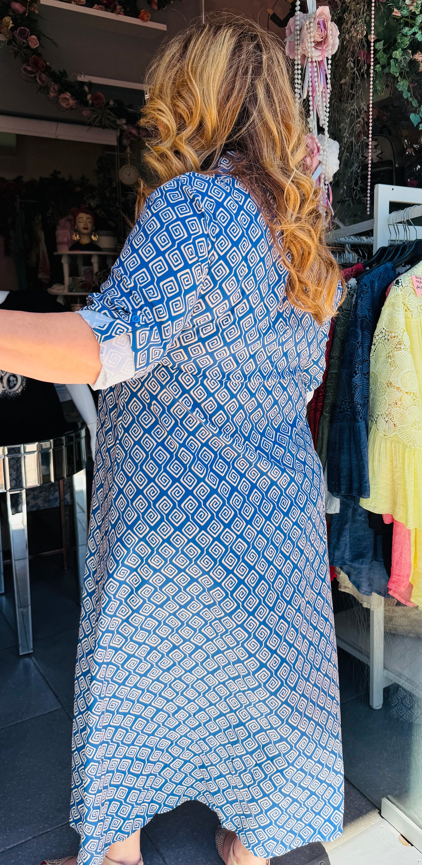 Μάξι Φόρεμα Σεμιζιέ με Σχέδιο Μέανδρος Plus Size Μπλε -3