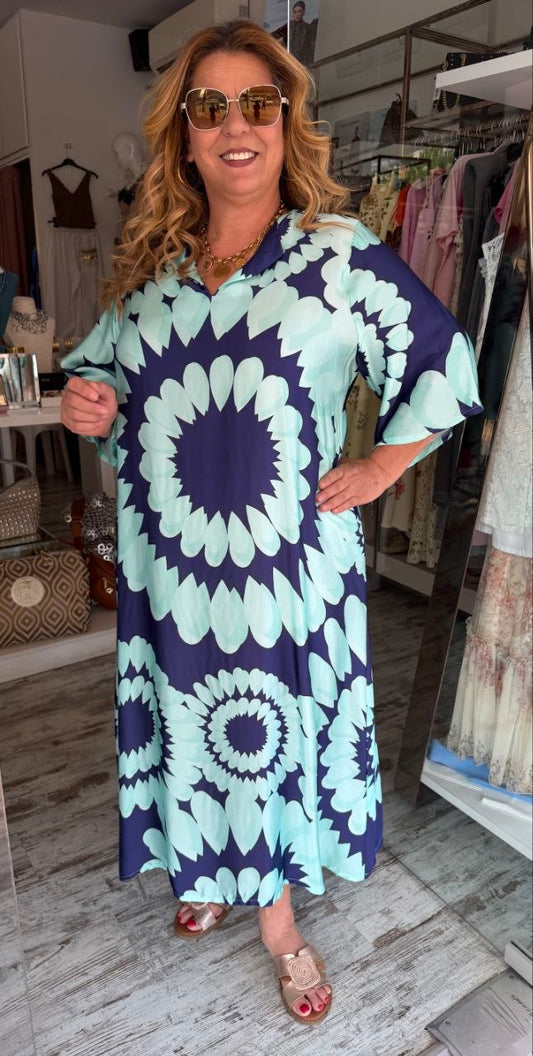 Maxi Καφτάνι Satin Look Aqua Blue με Mint Print-3