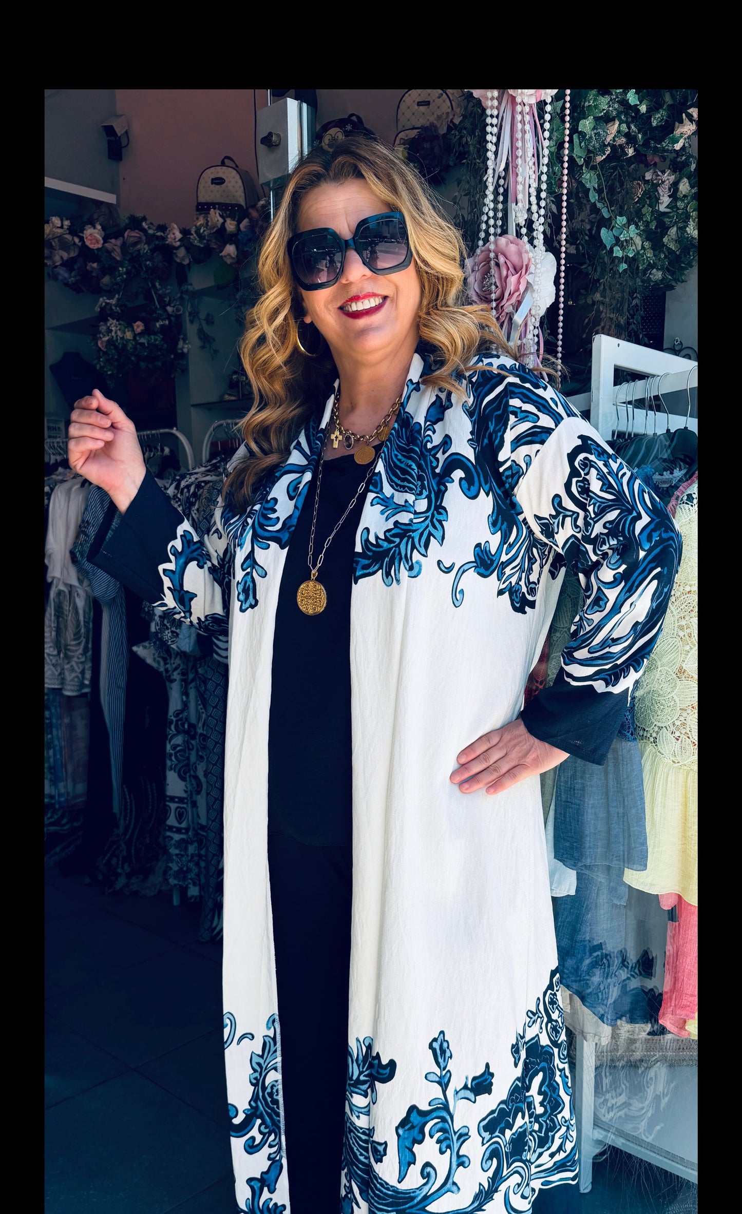 Μακρύ Κιμονό με Baroque Σχέδιο & Ζωνάκι Plus Size Μπλέ-3