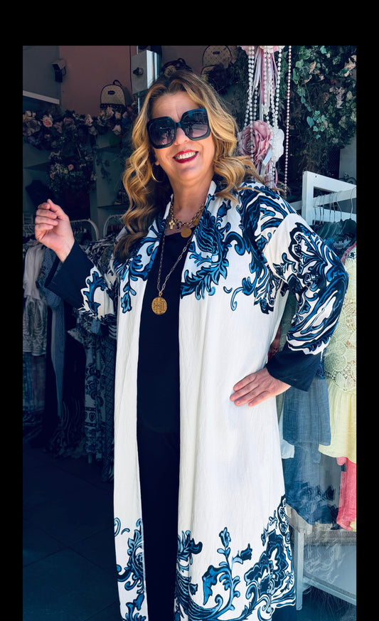 Μακρύ Κιμονό με Baroque Σχέδιο & Ζωνάκι Plus Size Μπλέ-3