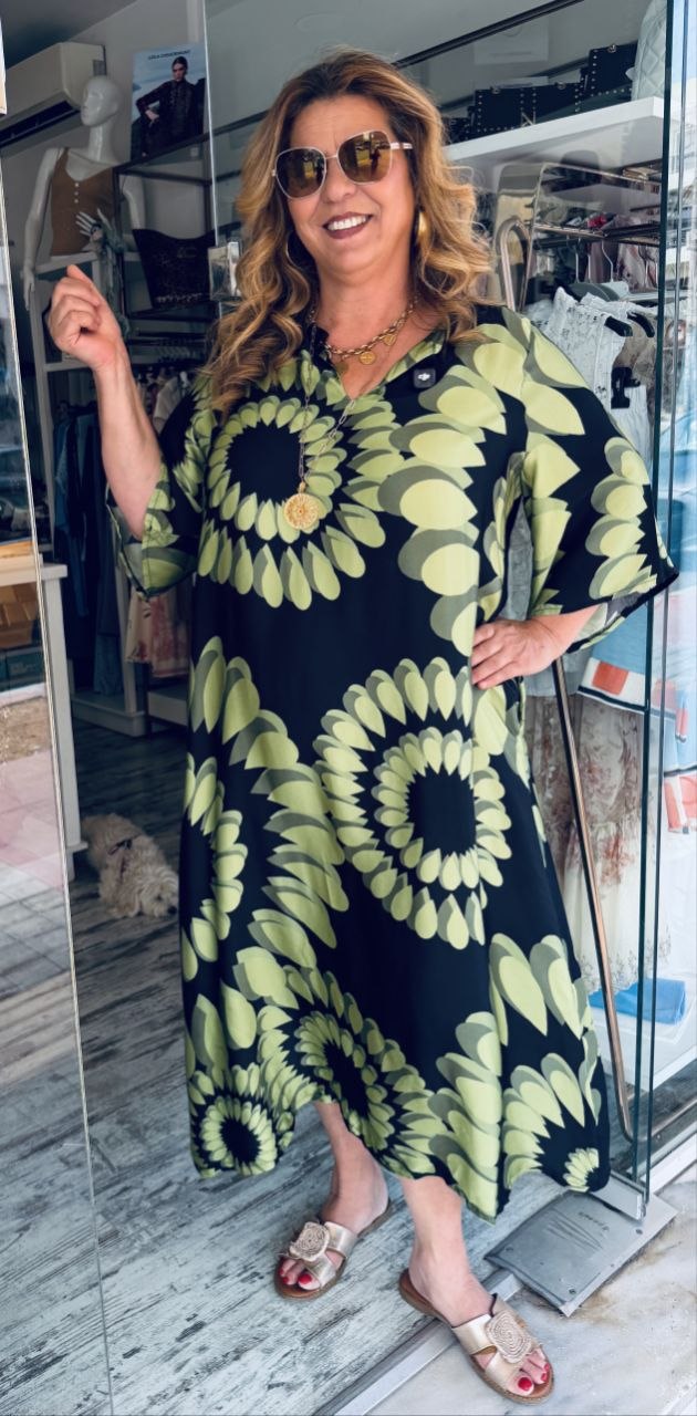 Maxi Καφτάνι Satin Look Μαύρο με Πράσινο Print-1