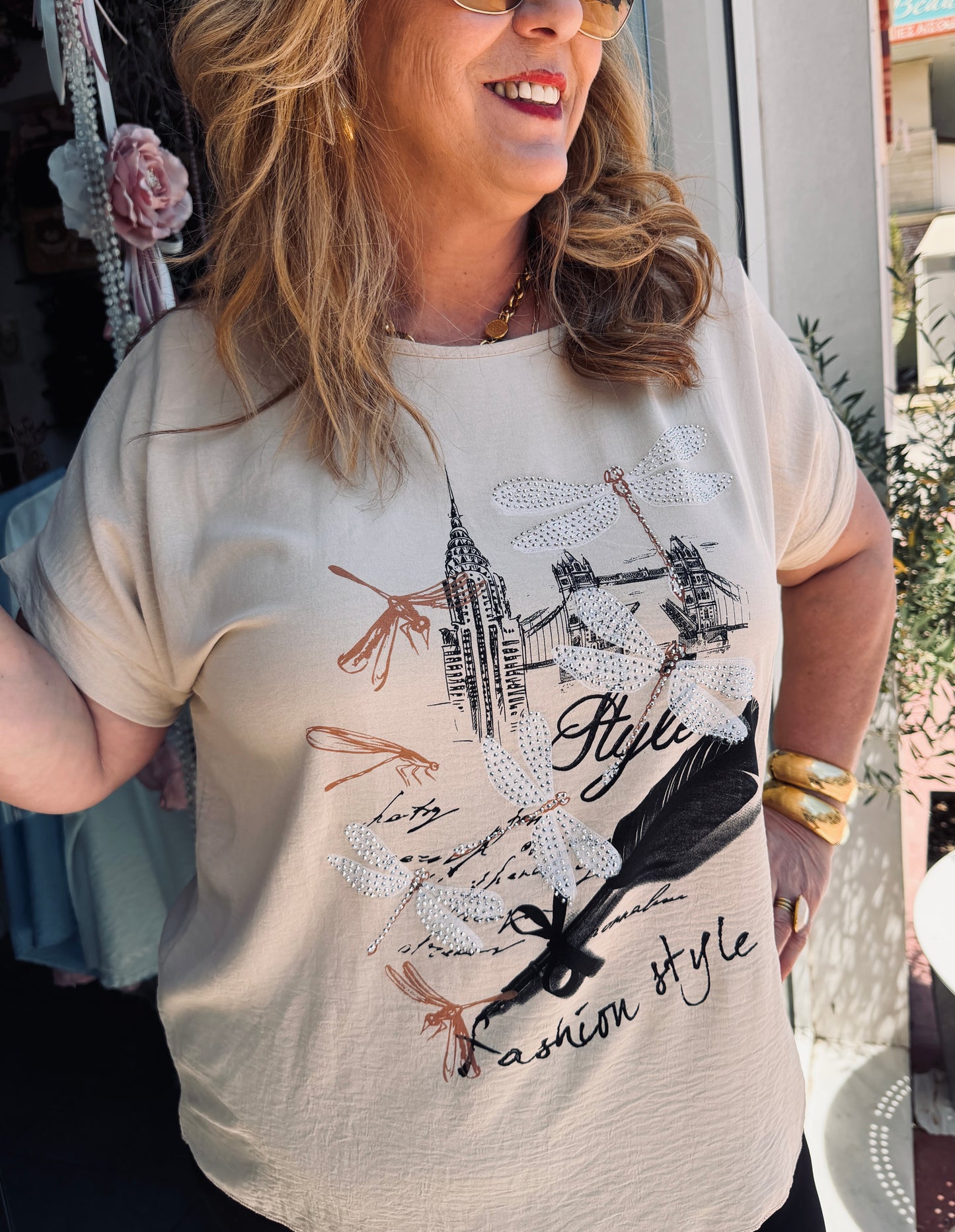 Μπεζ Oversized Μπλούζα Fashion Style με Στρας & Σχέδιο Dragonfly-3