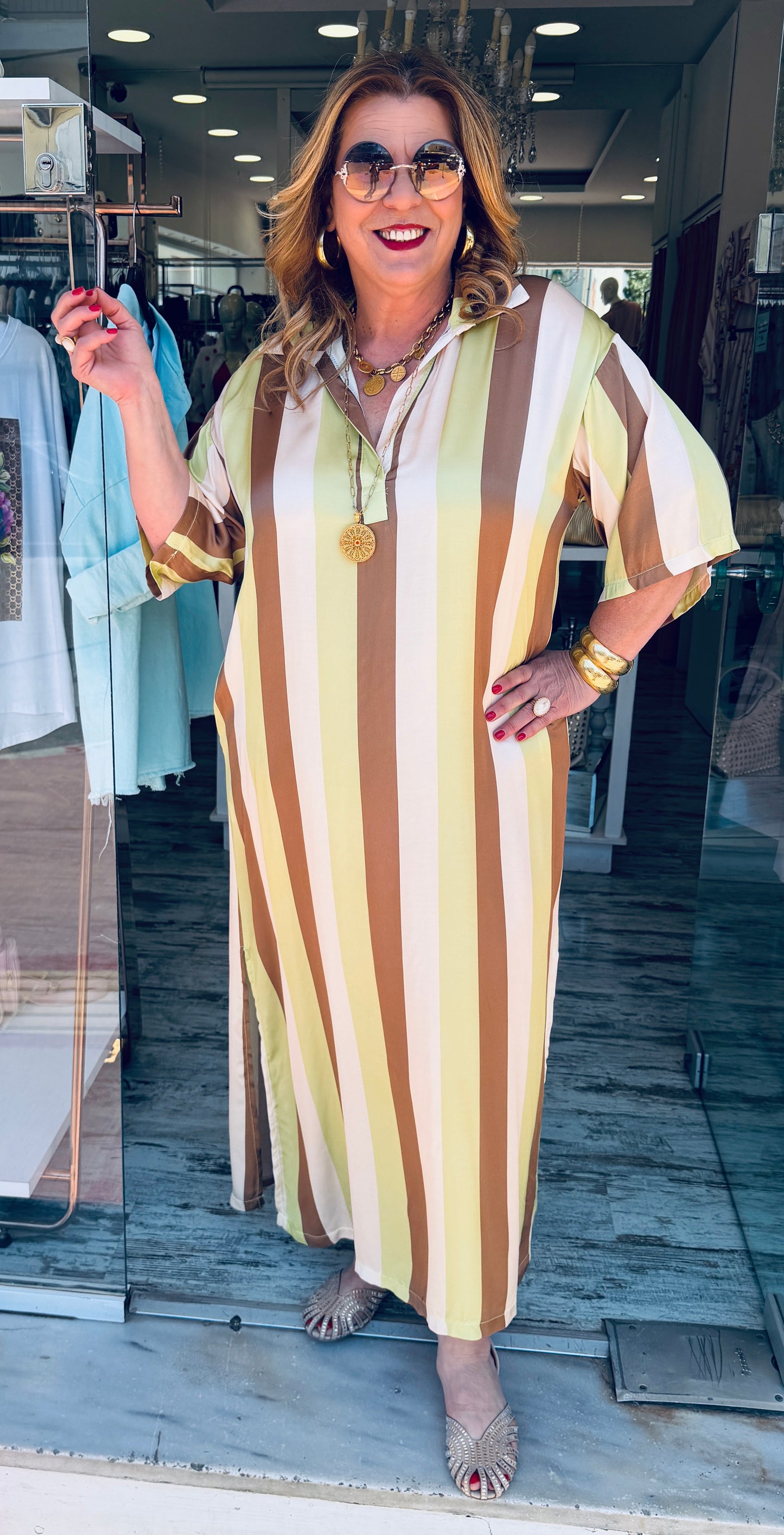 Ριγέ Maxi Καφτάνι Satin Look Καφέ-Lime-1