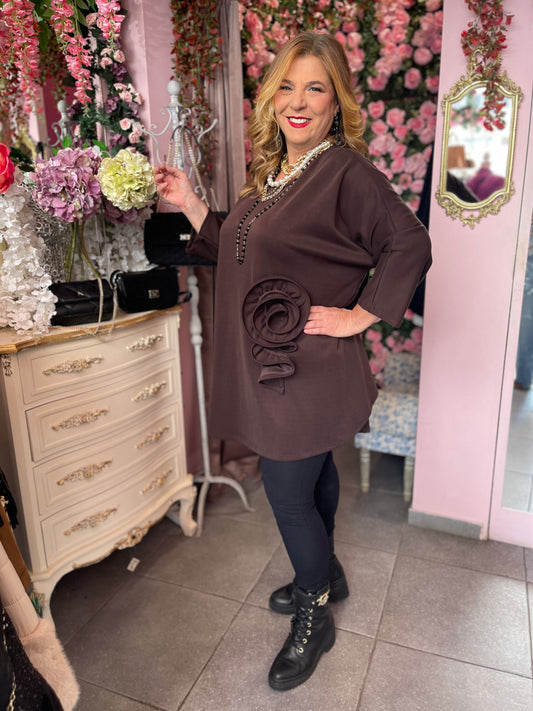 Φόρεμα σε κλασική γραμμή με λουλούδι καφέ-4