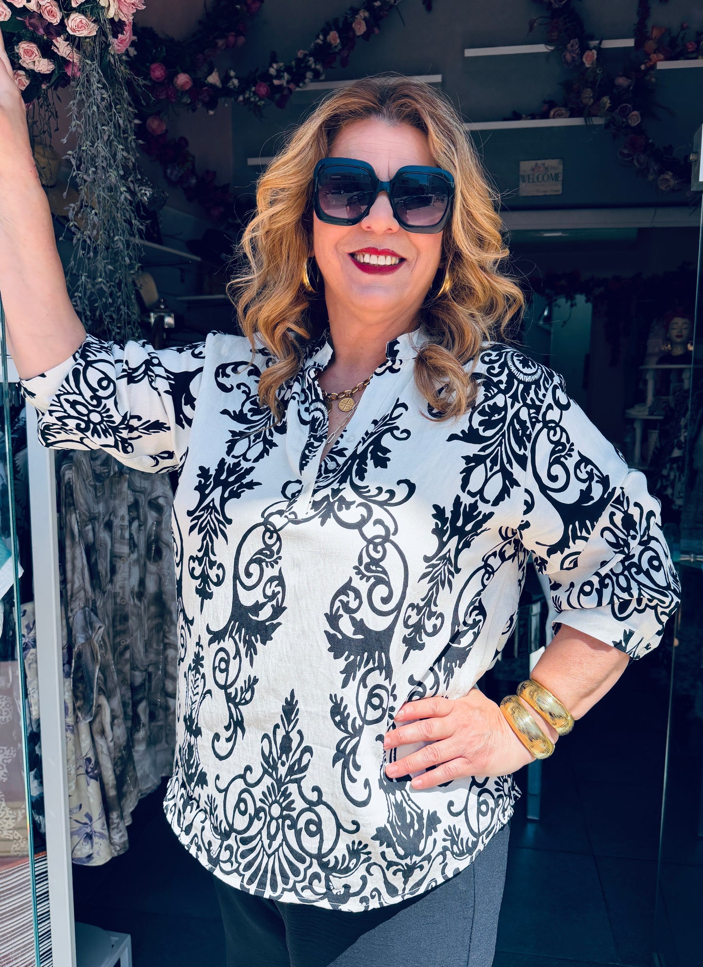 Boho Πουκάμισο με Μάο Γιακά & Άνετη Γραμμή Plus Size Μαύρο-4