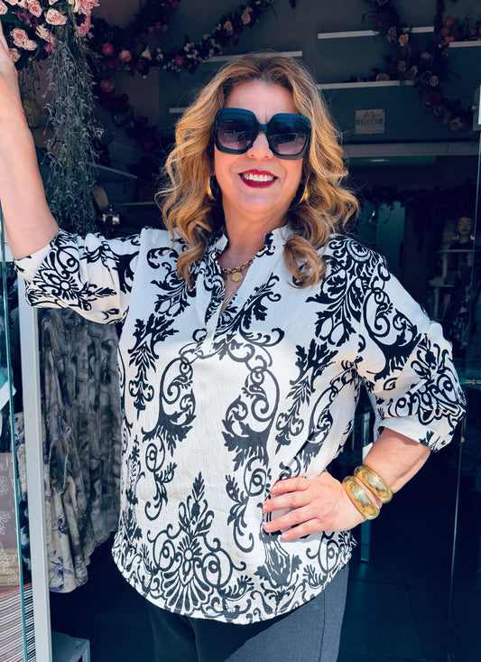 Boho Πουκάμισο με Μάο Γιακά & Άνετη Γραμμή Plus Size Μαύρο-4