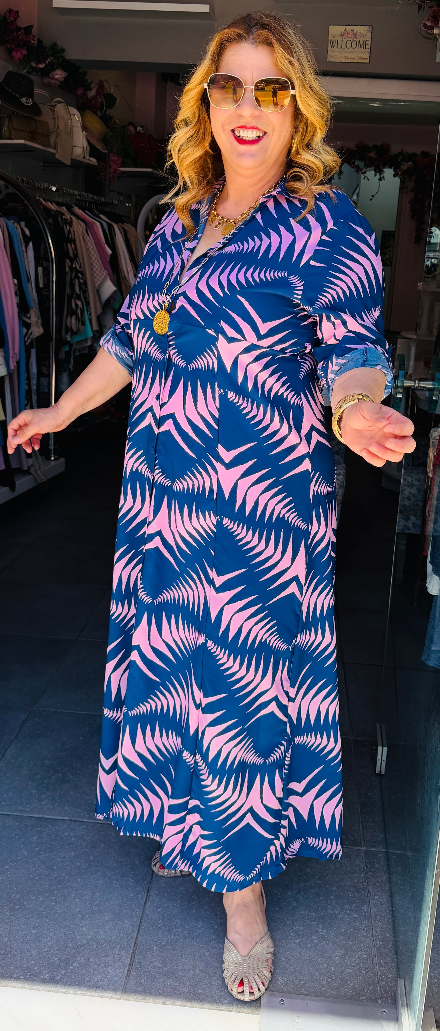 Μάξι Φόρεμα Σεμιζιέ με Σχέδιο & Ζωνάκι Plus Size Μπλε-Ασπρο -2