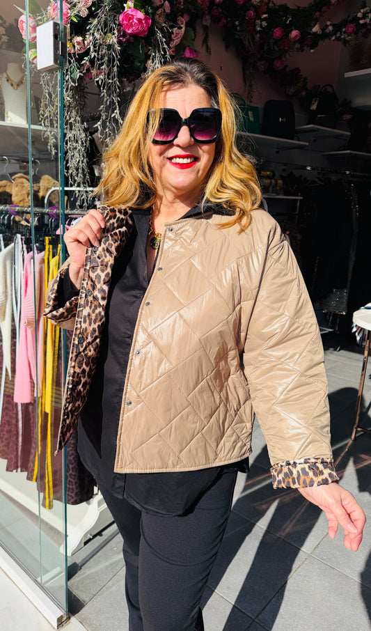 Μπουφάν καπιτονέ με animal print Μπεζ-4