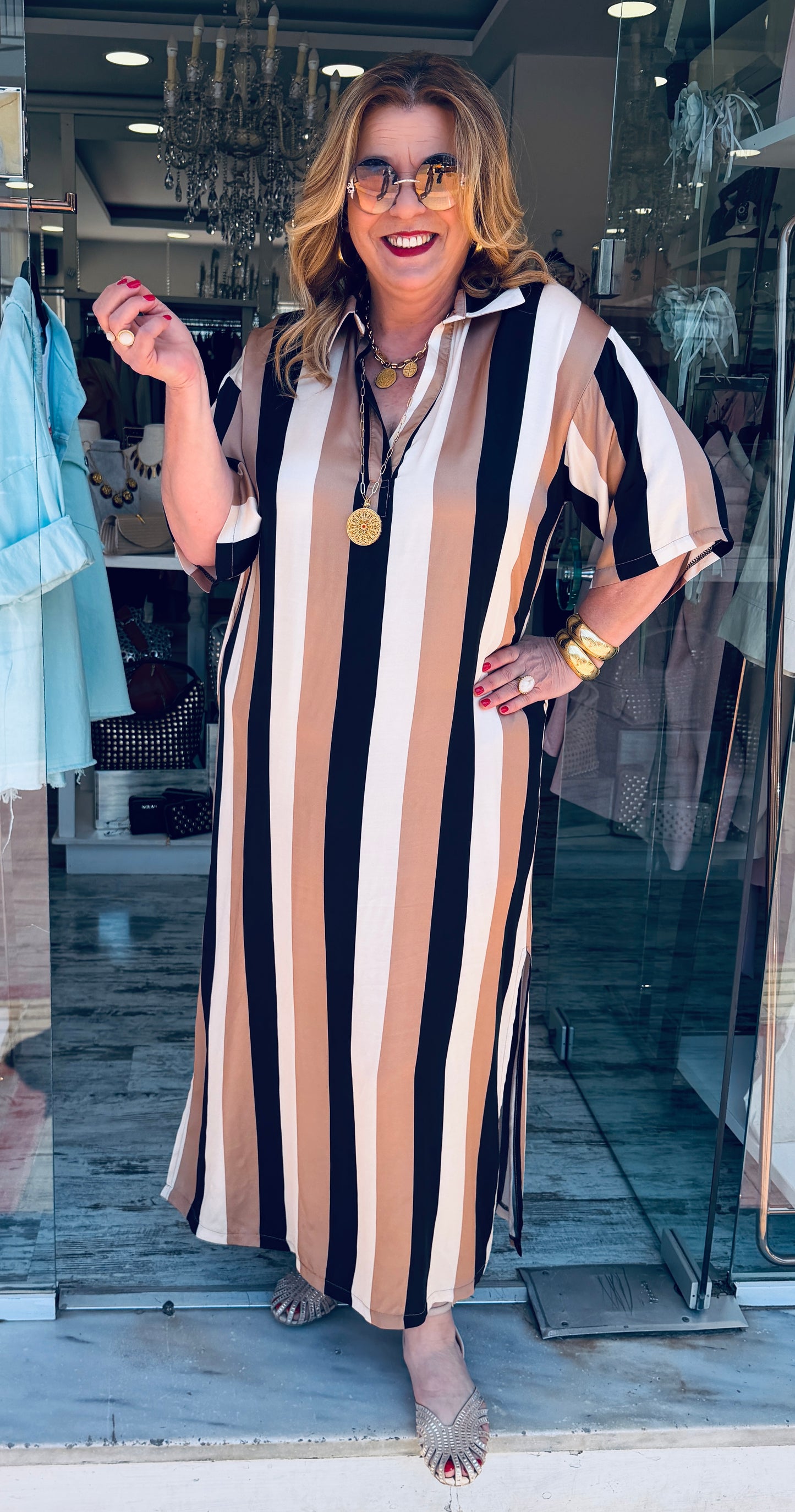 Ριγέ Maxi Καφτάνι Satin Look Καφέ-μαύρο-2