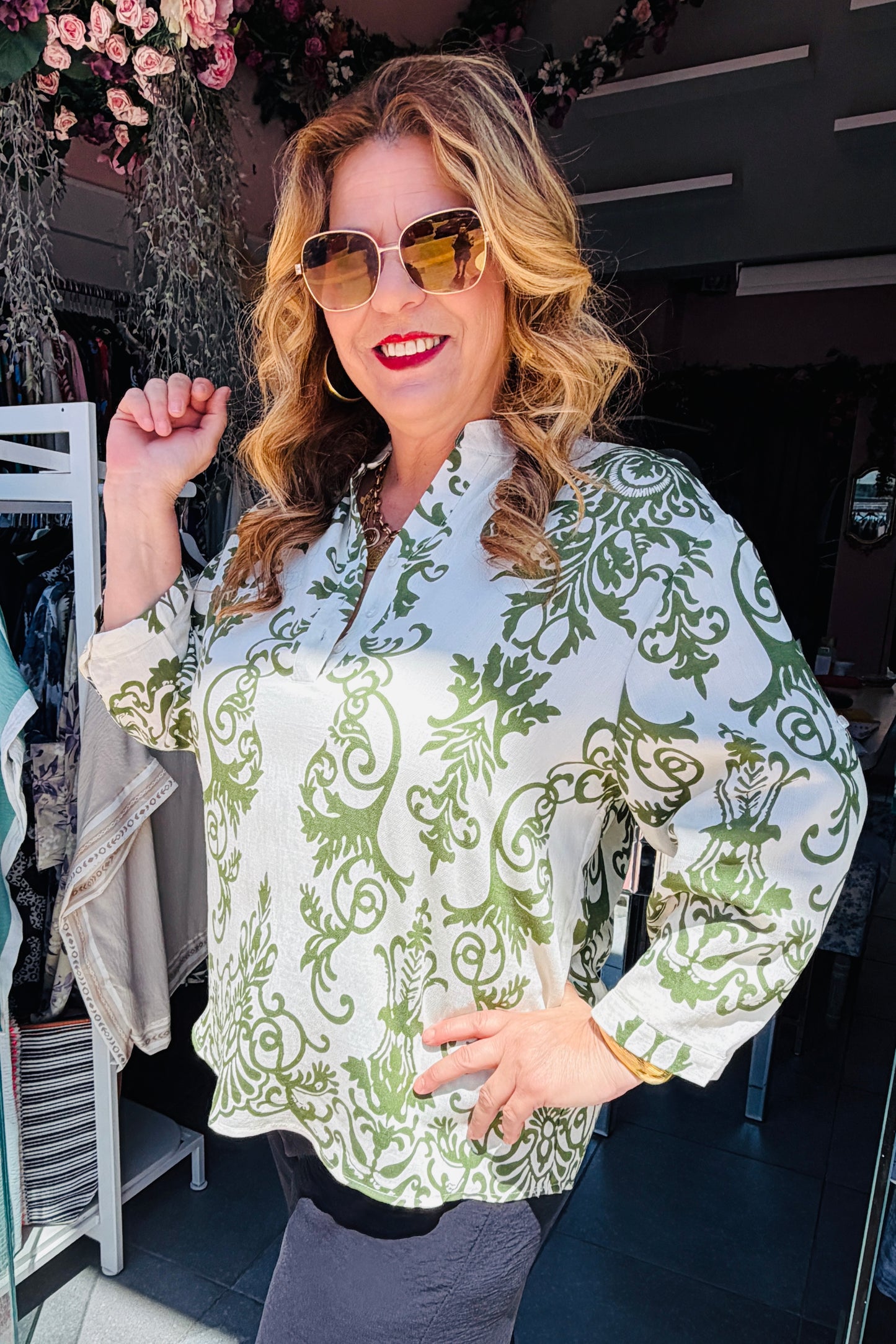 Boho Πουκάμισο με Μάο Γιακά & Άνετη Γραμμή Plus Size Πράσινο-3