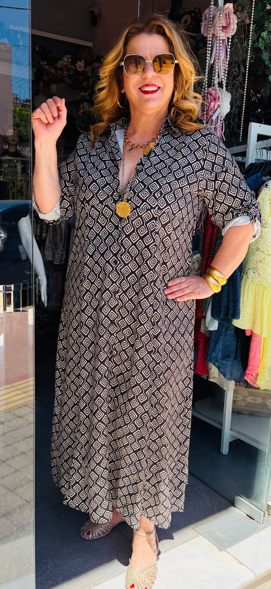 Μάξι Φόρεμα Σεμιζιέ με Σχέδιο Μέανδρος Plus Size Μαυρο-1