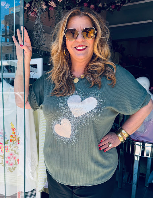 Oversized Χακί Ριπ Μπλούζα με Καρδιές & Στρας Plus Size-1
