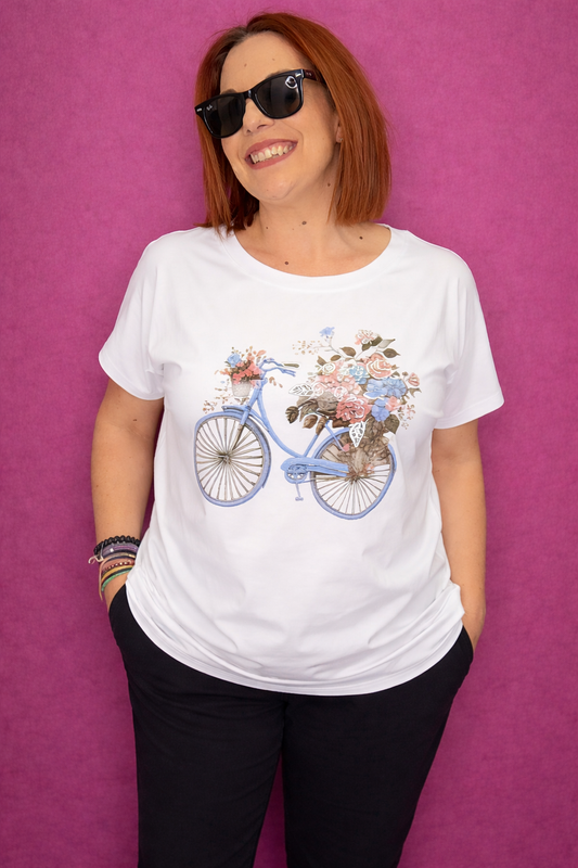 Γυναικείο T-Shirt με Ποδήλατο & Λουλούδια Μπλε-1