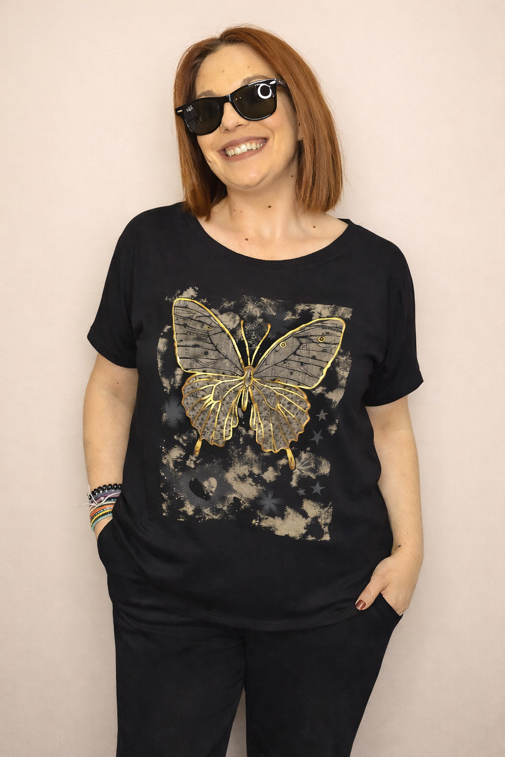 Γυναικείο T-Shirt με Πεταλούδα Print Μαύρο-Χρυσό